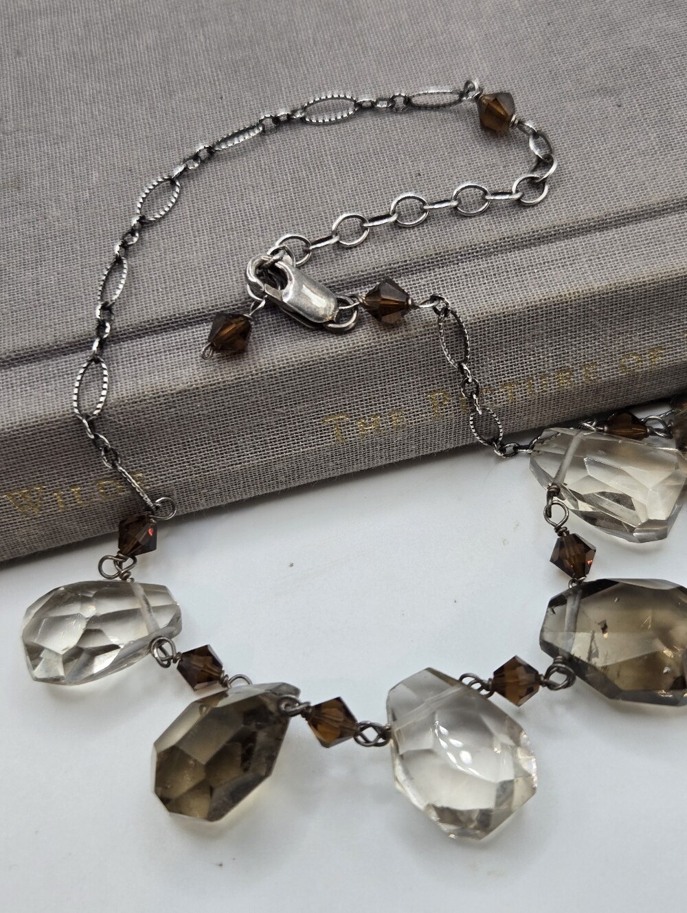 Estate Sterling Silver Smokey Quartz Rutilated Necklace Dainty Wire Wrapped 17"